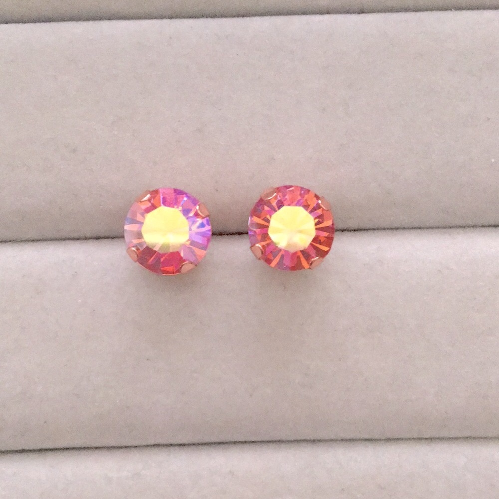 Iridescent Pink Rose Aurora Borealis Shimmer + Rose Gold Crystal Earrings - Picture 9 of 11